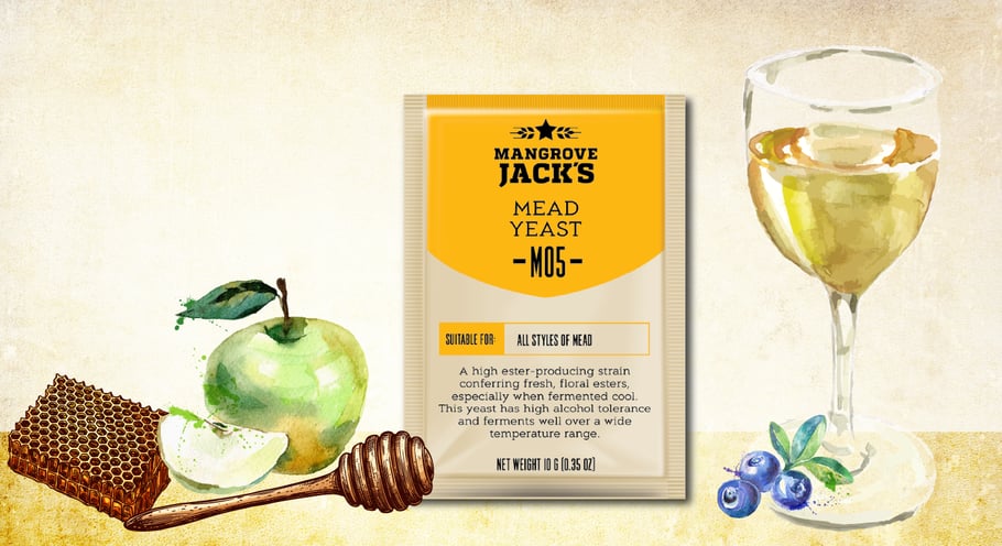 Mangrove Jack's M05 Mead Yeast over illustrated apples, blueberries and honey